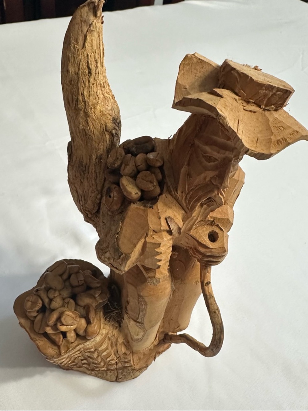 Hand-Carved Wooden Folk Art Sculpture in Natural Brown